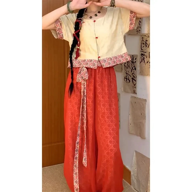 Bedrucktes Hemd-Set im chinesischen Stil für Damen, Sommer, Vintage-Laternenhose, zweiteiliges Set, traditionelle chinesische Kleidung für Damen