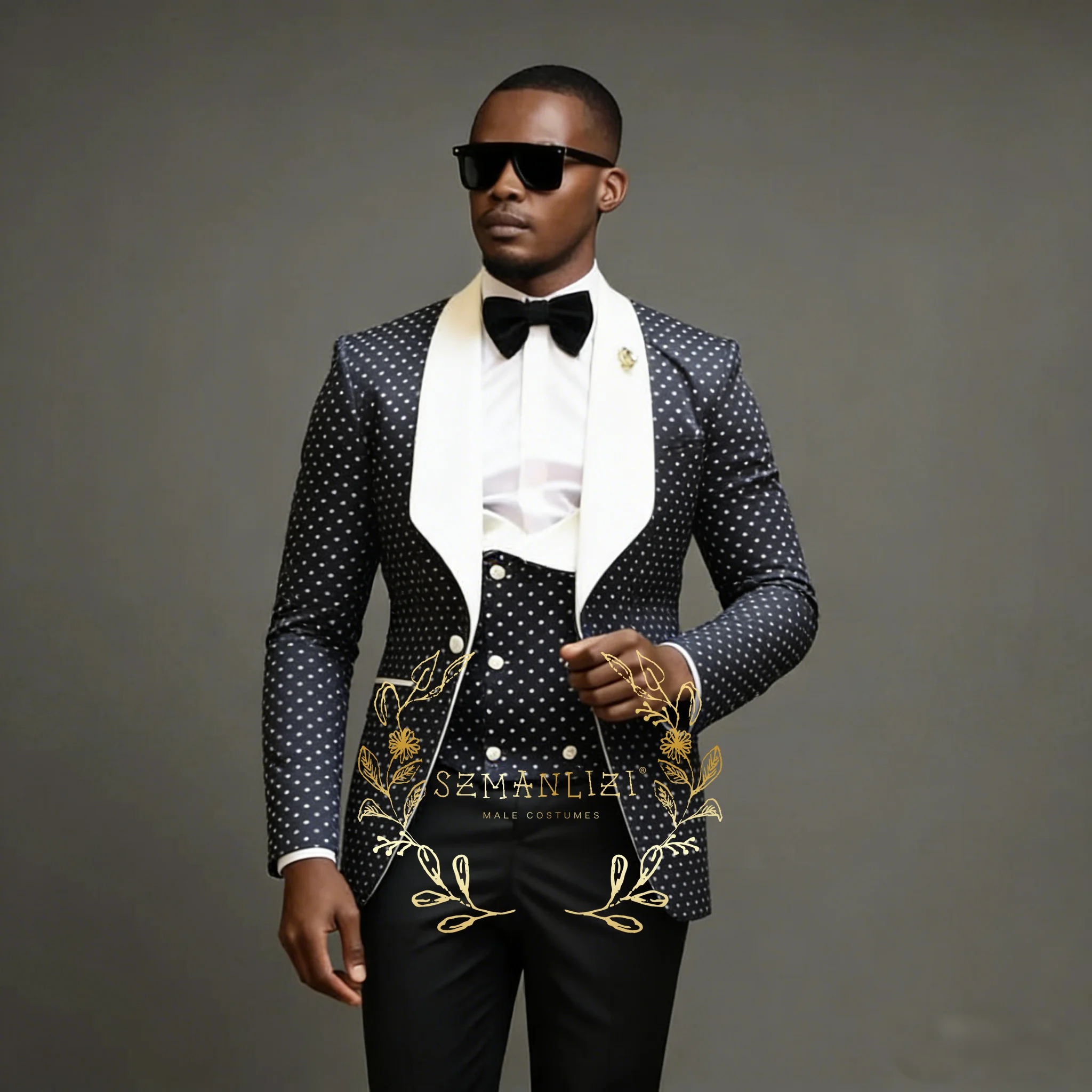 

Latest Design Black White Dots Mens Suits For Wedding Shawl Lapel Groom Tuxedos Slim Fit Terno Masculino Prom Party 3 Pieces Set