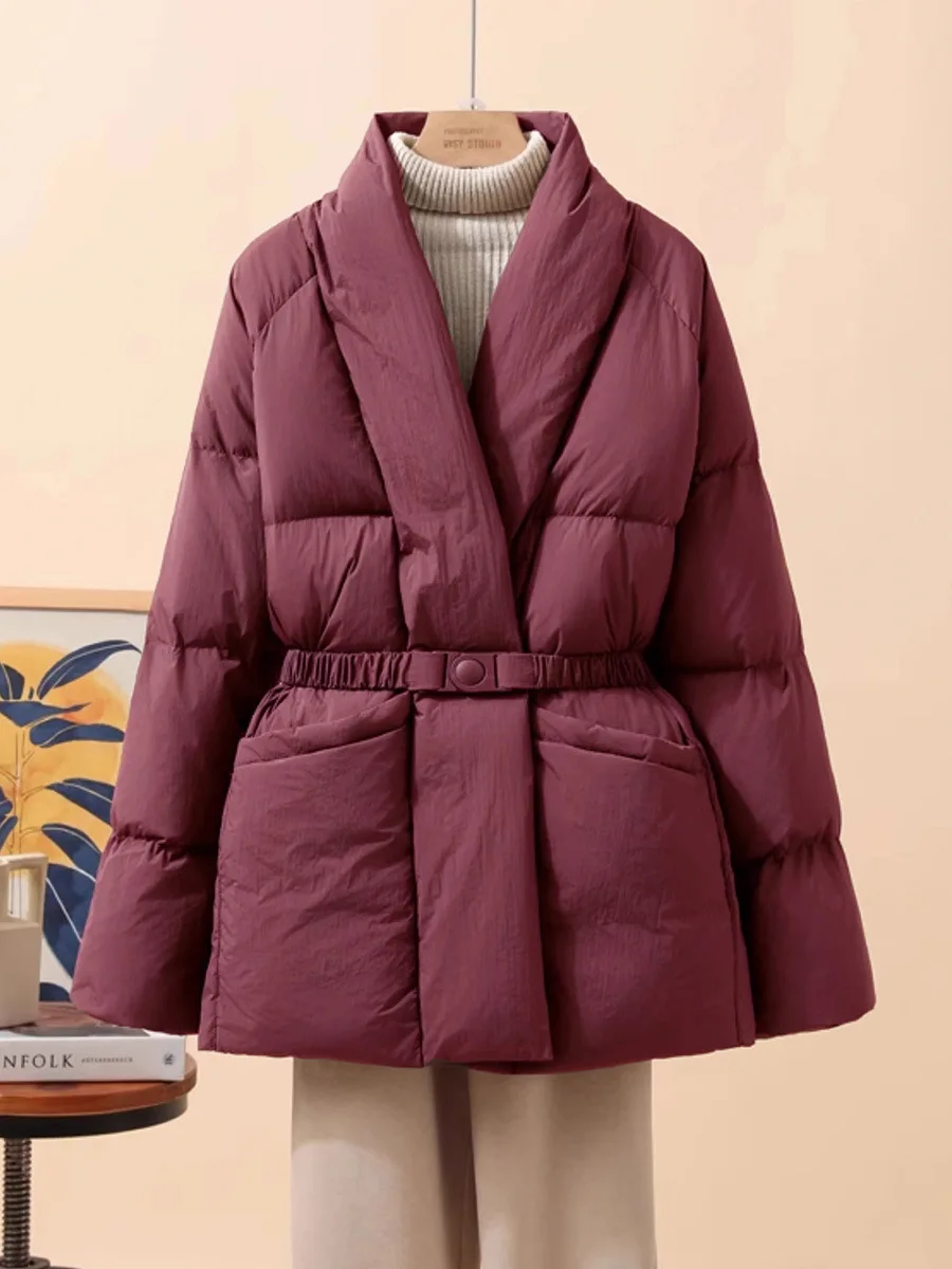 Women White Duck Down Jacket Casual Loose Belt V-neck Collar Fashion Autumn Winter Outwear Korean Style Coat 2026 New