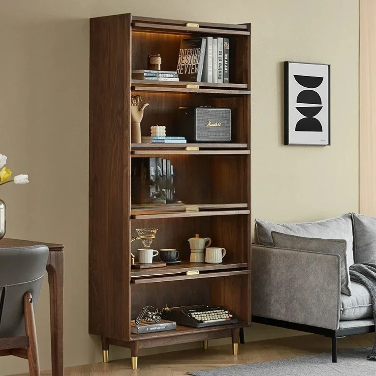

N Nordic Solid Wood Wine Cabinet North America Black Walnut Living Room with Glass Door Display Wall Storage Cabinet