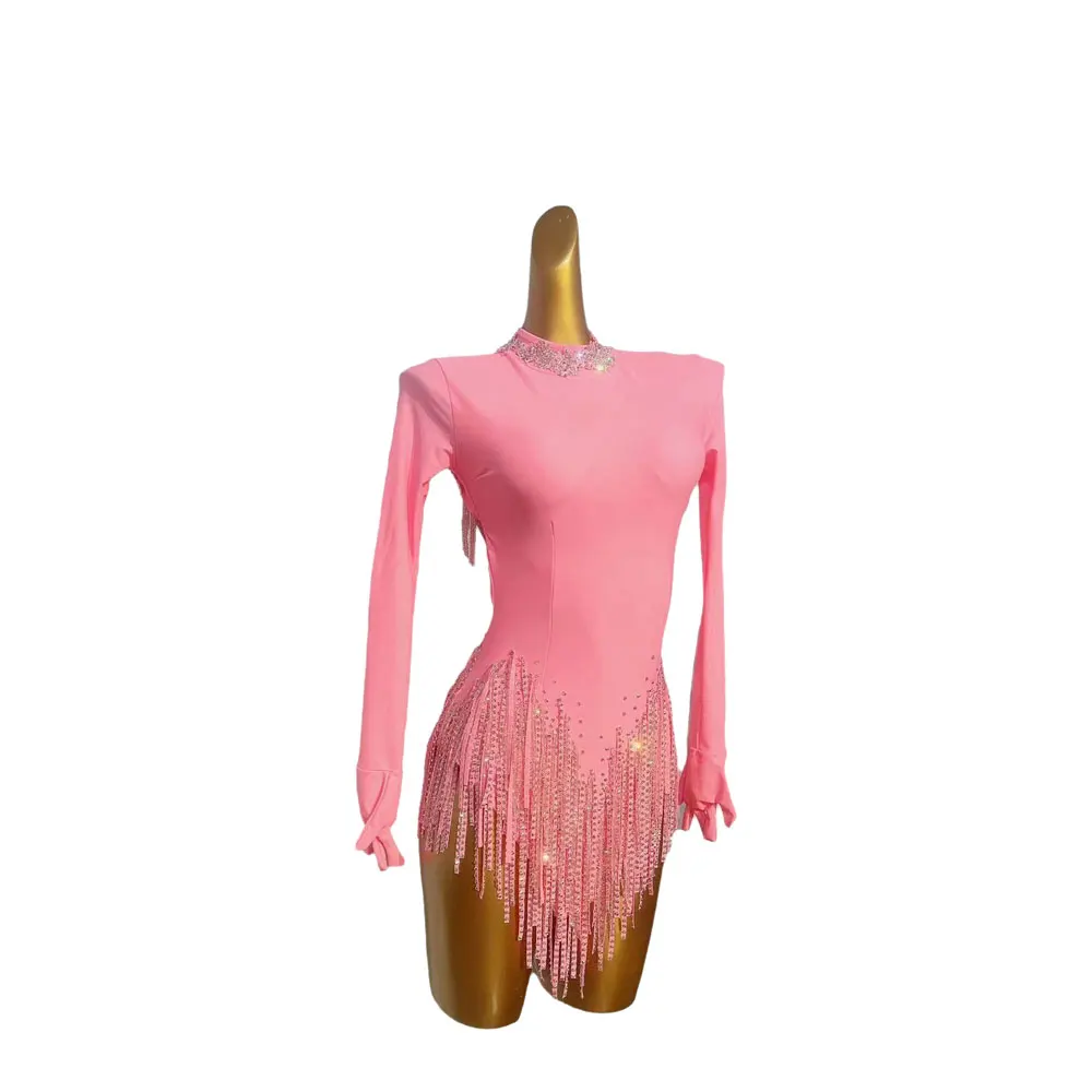 

Latin Dance Competition Women's High-end Custom Pink Long-sleeved Backless Samba Performance Costume Blackpool Dress