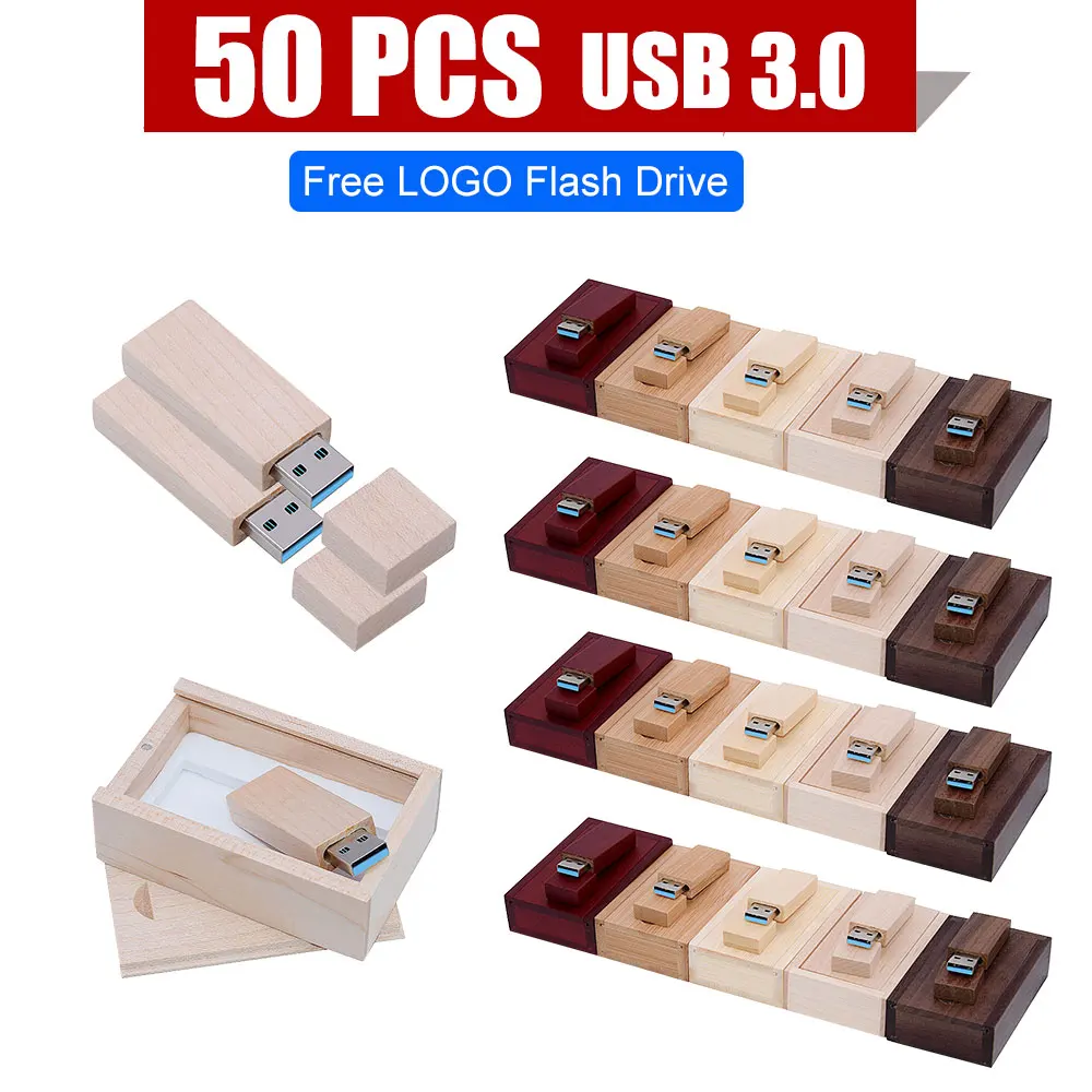 50 PCS/LOT USB Flash Drive Free Custom Logo Pen Drive 128GB Wooden Box Memory Stick 64GB 32GB 16GB 8GB Photography Gift Pendrive