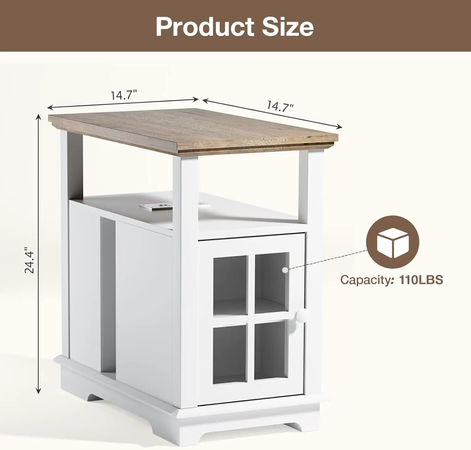 Table with Charging Station, Side Table on Wheels, Storage End Table with Electric Fireplace, End Table for Living Room Bedroom