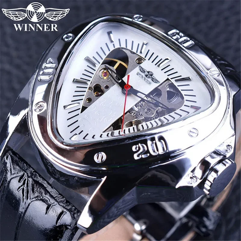 Fashion Mens Mechanical Wrist Watch Triangle Racing Dial Waterproof Golden Skeleton Automatic Movement Mechanical Watch for Men
