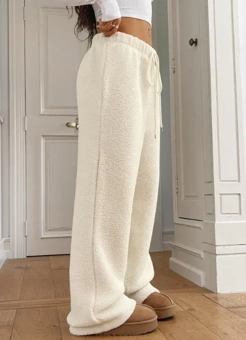 الخريف والشتاء المرأة السراويل الصوف مريحة استرخاء واسعة الساق الرباط الخصر عارضة مستقيم الساق السراويل الطويلة