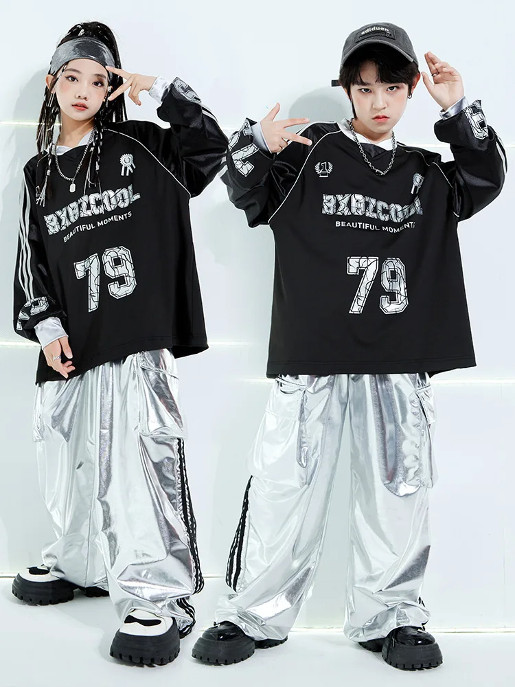 Street Dance Kids Hip Hop Clothing Girls Boys Black Long Sleeves T Shirt Silver Pants Casual Rave Clothes Loose Practice Wear