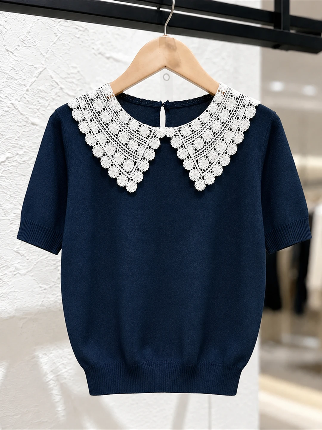 Sweet Elegant Ice Silk Short Sleeve Knitted Top Korean Style Commute Fashionable Versatile Summer Shirt for Younger Looking