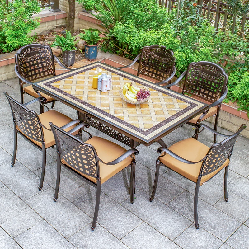 Waterproof Outdoor dining table with BBQ garden Restaurant Cast Aluminum ceramic tile table Patio Furniture Set With Baking tray