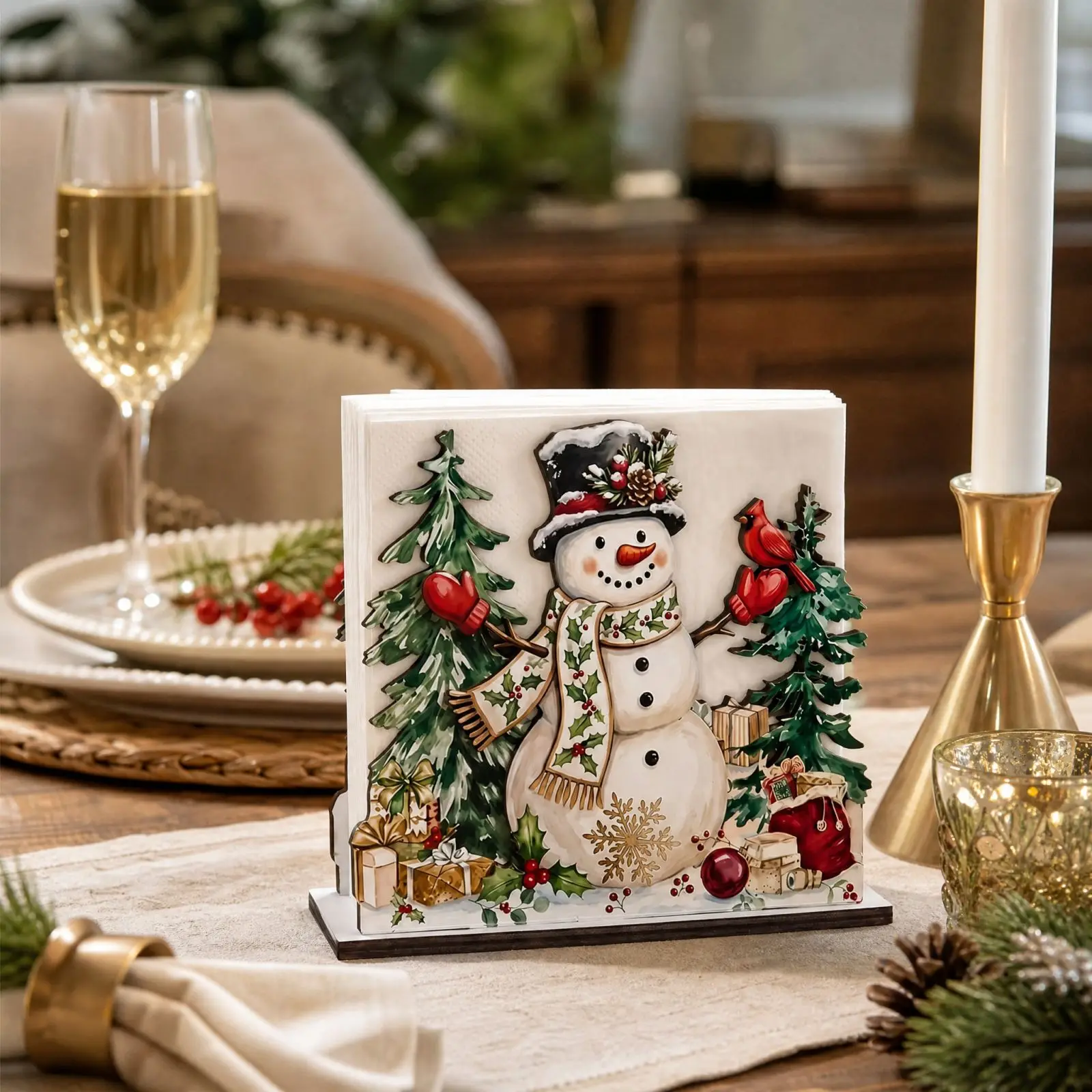 Wooden Christmas Napkin Holder Snowman Pattern Xmas Table Tissue Dispenser Holiday Party Dining Table Decor Ornament