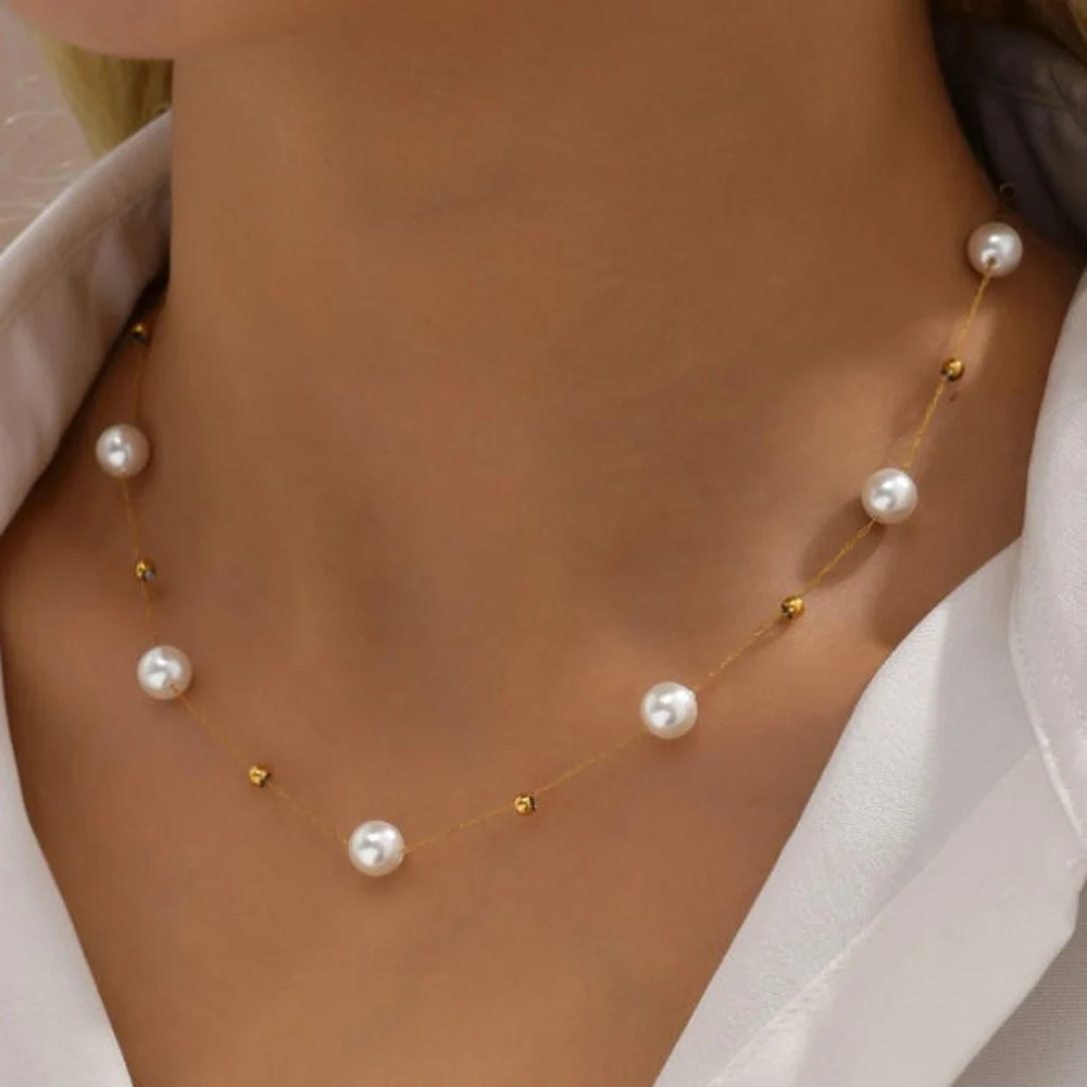 Stainless Steel Temperament Pearl Chain Choker Necklace for Women Waterproof Collar Jewelry Bijoux Gift image 5