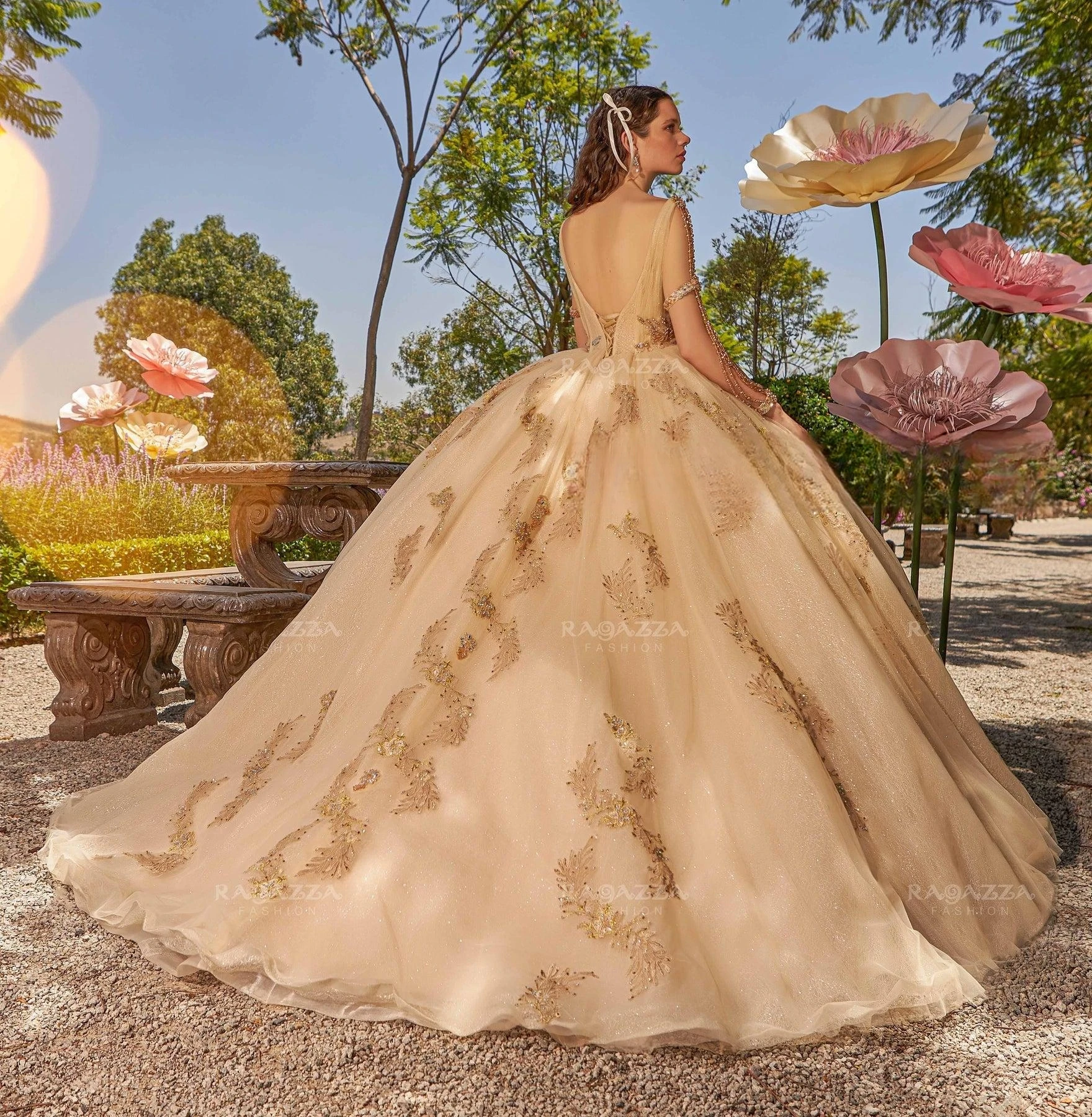 Quinceanera Champagne Tulle vestido de baile, Apliques de tule puro, Vestidos inchados frisados, Sweet 16 vestidos, 15 anos