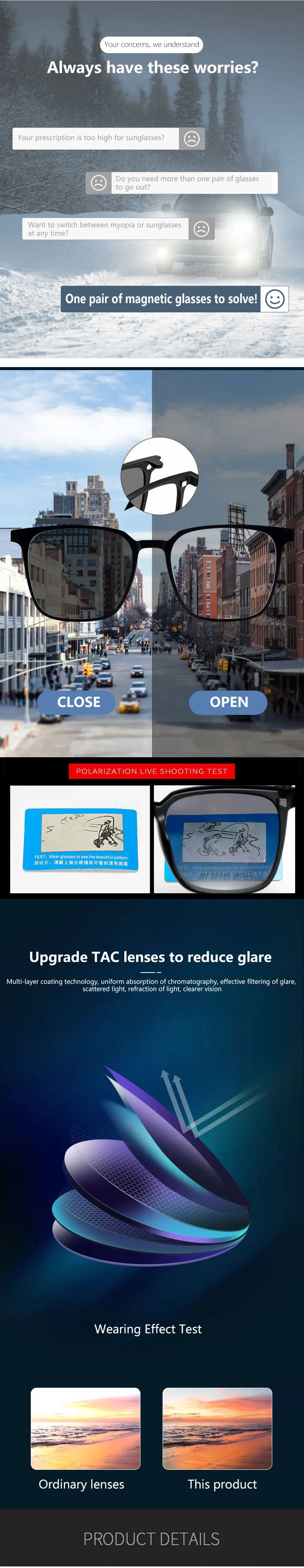 Hotony Magnetische Clip-on-Brille für optische Myopie für Männer und Frauen, polarisierte Sonnenbrille, verschreibungspflichtige Lesebrille, Lesebrille – Detail 5