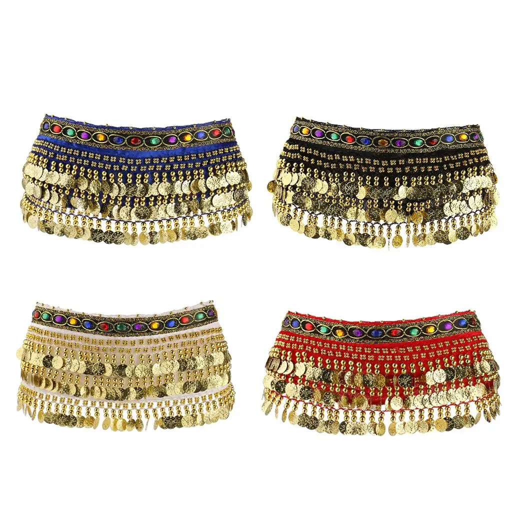 Belly Dance Belt Velvet Gold Coins Tassel Fringe Hip Scarf for Women Dancing Practice and Show