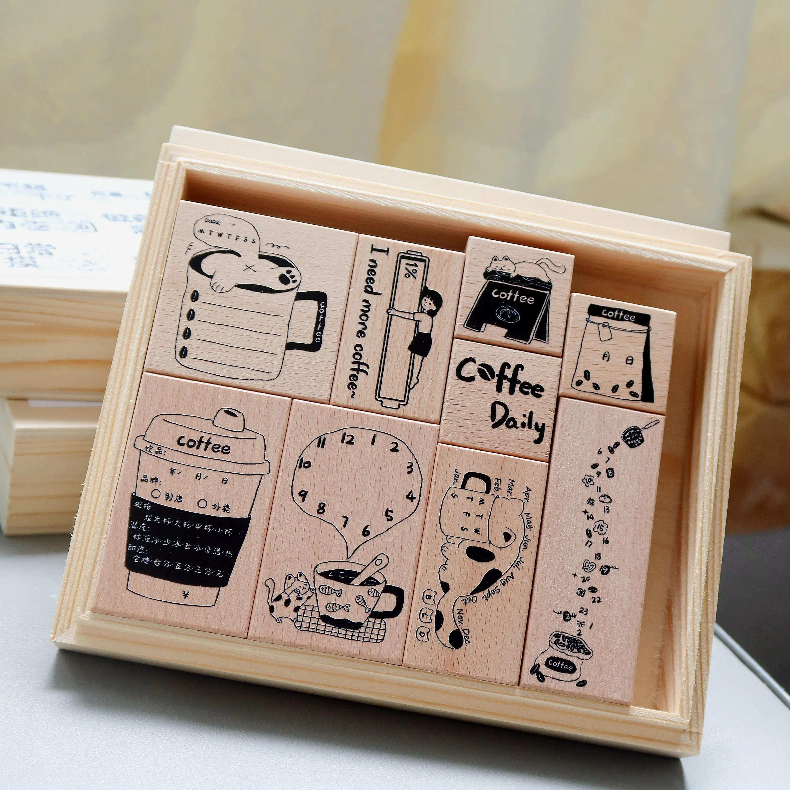 Katzen-Kaffee-Shop Buchenholz-Stempelset Katzen-Kaffee-Zeitleiste für Journal Scrapbooking Dekoration Handwerk DIY Schreibwaren – Detail 1