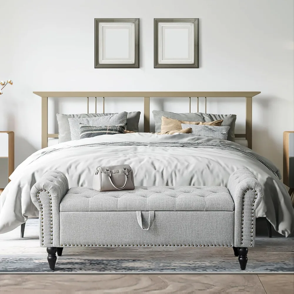 مقعد تخزين منجد كبير مع تصميم معنقدة بأزرار لغرفة النوم، نهاية السرير، الكتان واستخدام النافذة