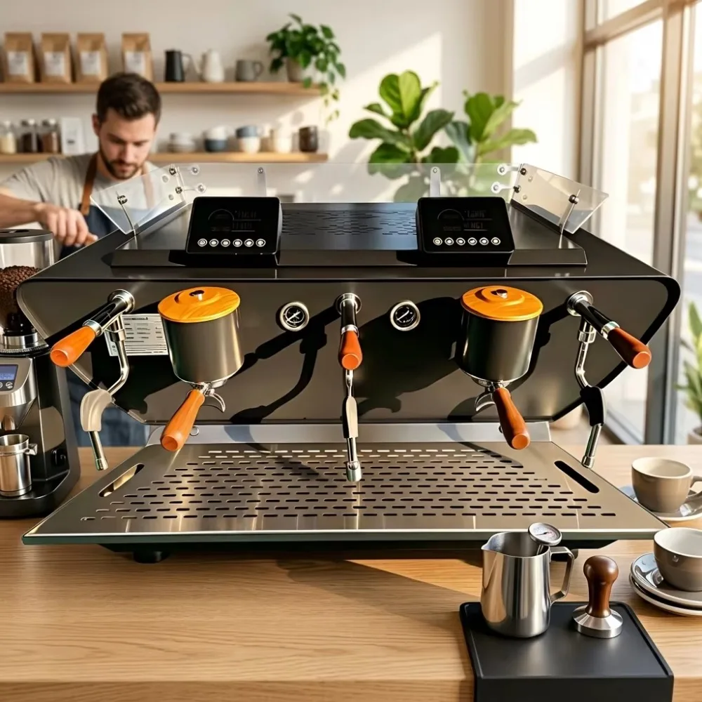Commercial Italian Two Group Semi‑Automatic Espresso Maker, Two Head Triple Boiler Professional Coffee Brewing Tool