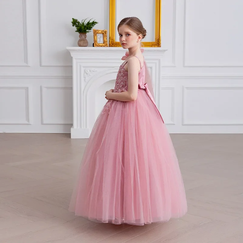 Children Girls Sleeveless Tulle Dress Birthday Lace Princess Frocks Solid Color Luxury High End Wedding Bridesmaid Party Dresses