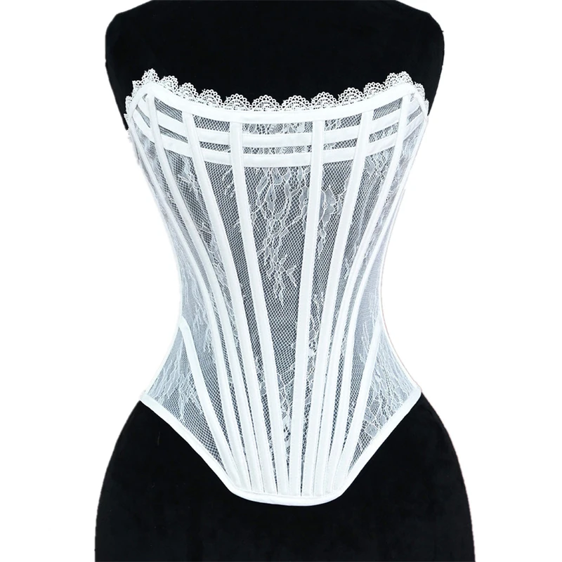 

Women White Mesh Overbust Corset Sexy Strapless Slimming Bustiers Breathable Lace Up Boned Bodice Tube Tops