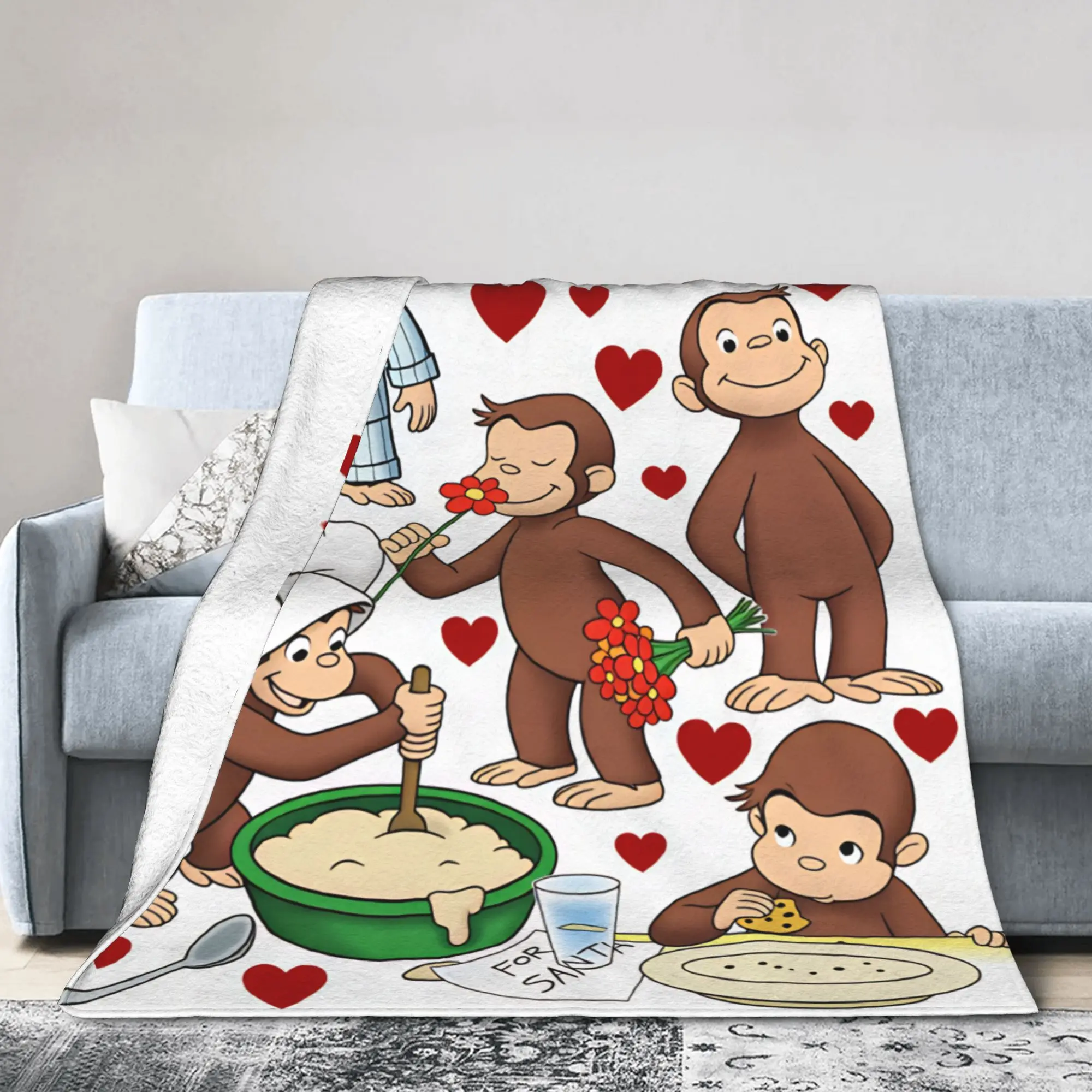 Curious George Sweet Heart Blanket  Warm Soft Pattern Plush Throw Blanket For Couch Chair Decorative Flannel Bedspread Bed Cover
