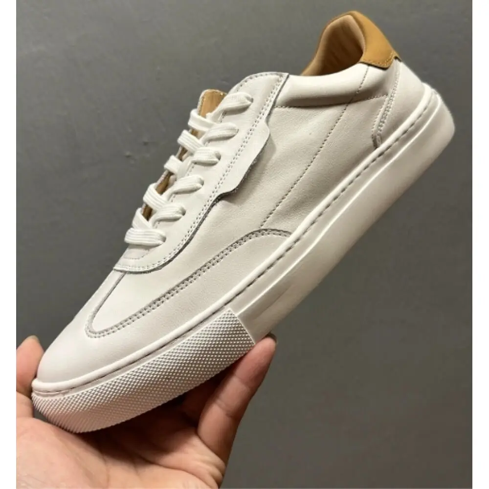 Minimalist White Leather Casual Sneakers, with caramel heel detail and non-slip sole,