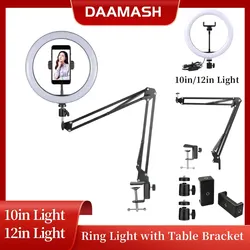 10in/12in LED Selfie Ring Light with Folding Arm Phone Stand Circle Fill Light Table Bracket Tripod Photography Video Ring Light