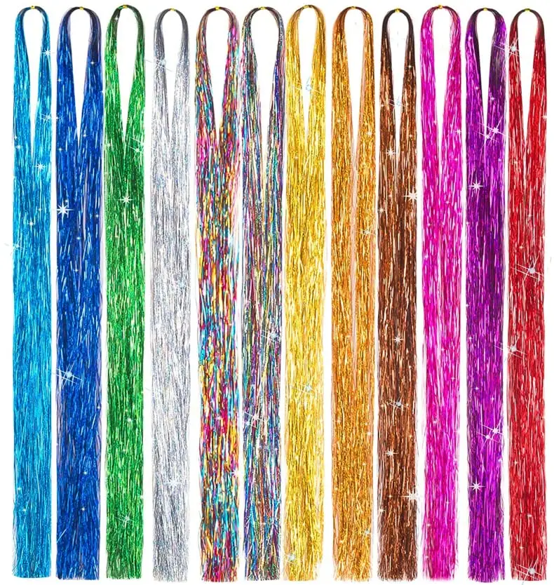 VeSunny Tinsel Kit with Tools 12 Colors Fariy Hair Tinsel Heat Resistant Sparkling Tinsel Hair suitable for any event or party