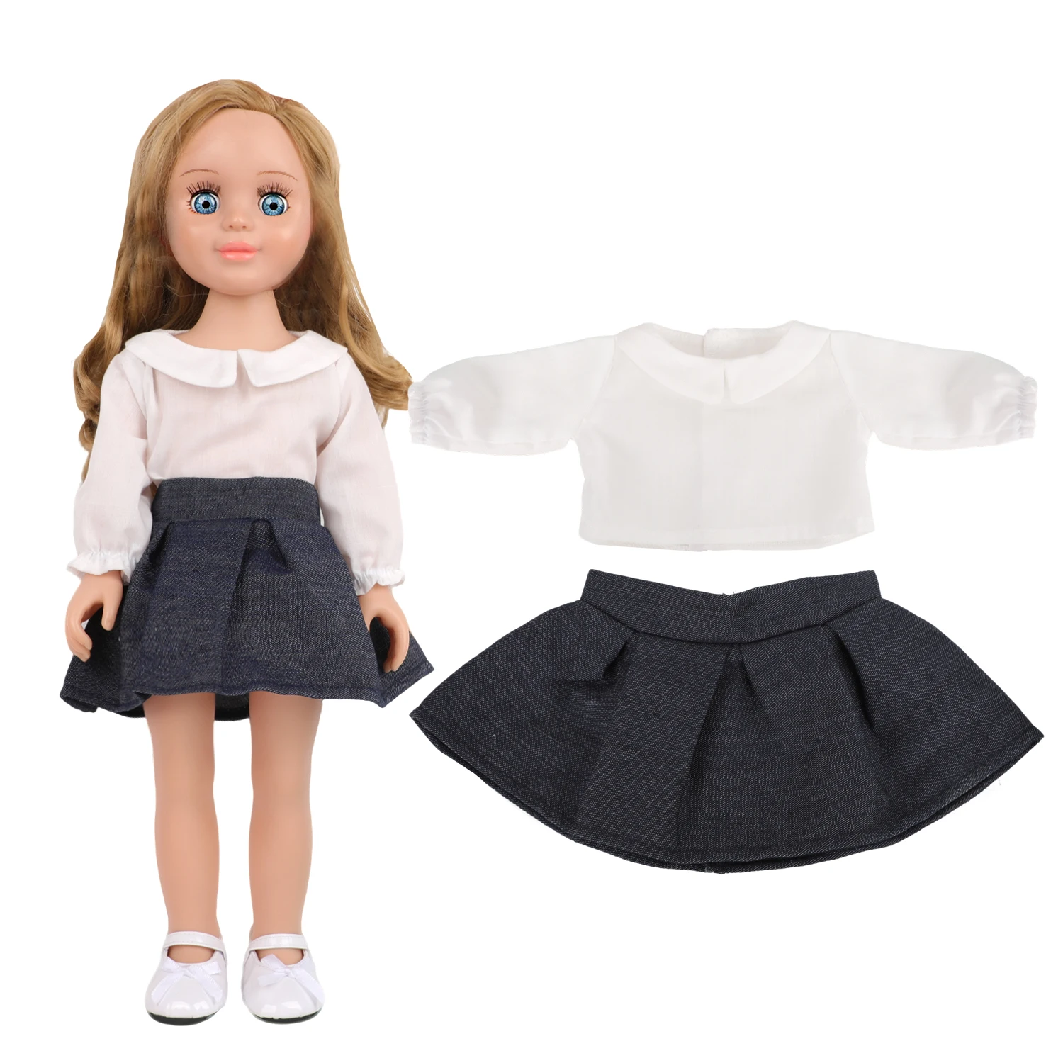 18인치 미국 인형 옷 흰색 셔츠 + 데님 스커트 의류 세트 43cm 아기 신생아 & OG 소녀 인형 액세서리