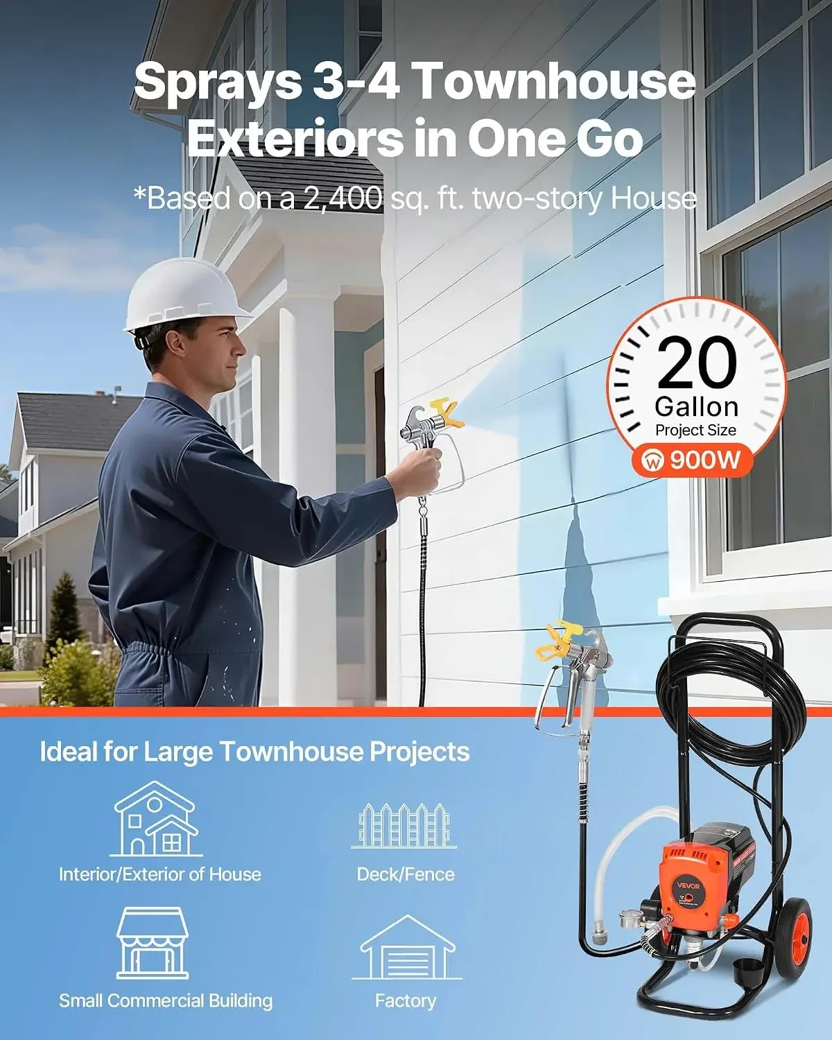 Stand Airless Paint Sprayer, 900W, 3300PSI High Pressure Airless Sprayer with Cart, Cleaning Brush, Hose, Extension Rod, Nozzles