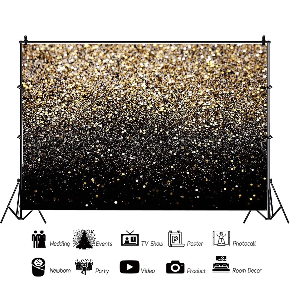 1pc Vinyl Black and Gold Backdrop Golden Spots Backdrop Photography Vintage Background for Birthday Party Decoration