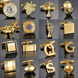 High Quality Gold Color Cufflinks Letters/Alien/Square/Dragon/Maple Leaves/Balance Cuff Links for Mens French Bouton Manchette