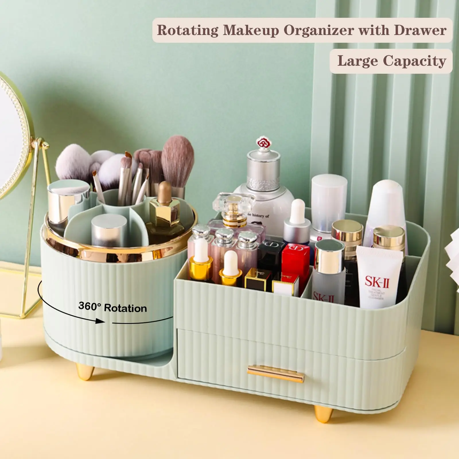 360 Rotating Makeup Organizer for Vanity with Brush Holder Drawer Large Spinning Cosmetic Storage Box For Women Gift