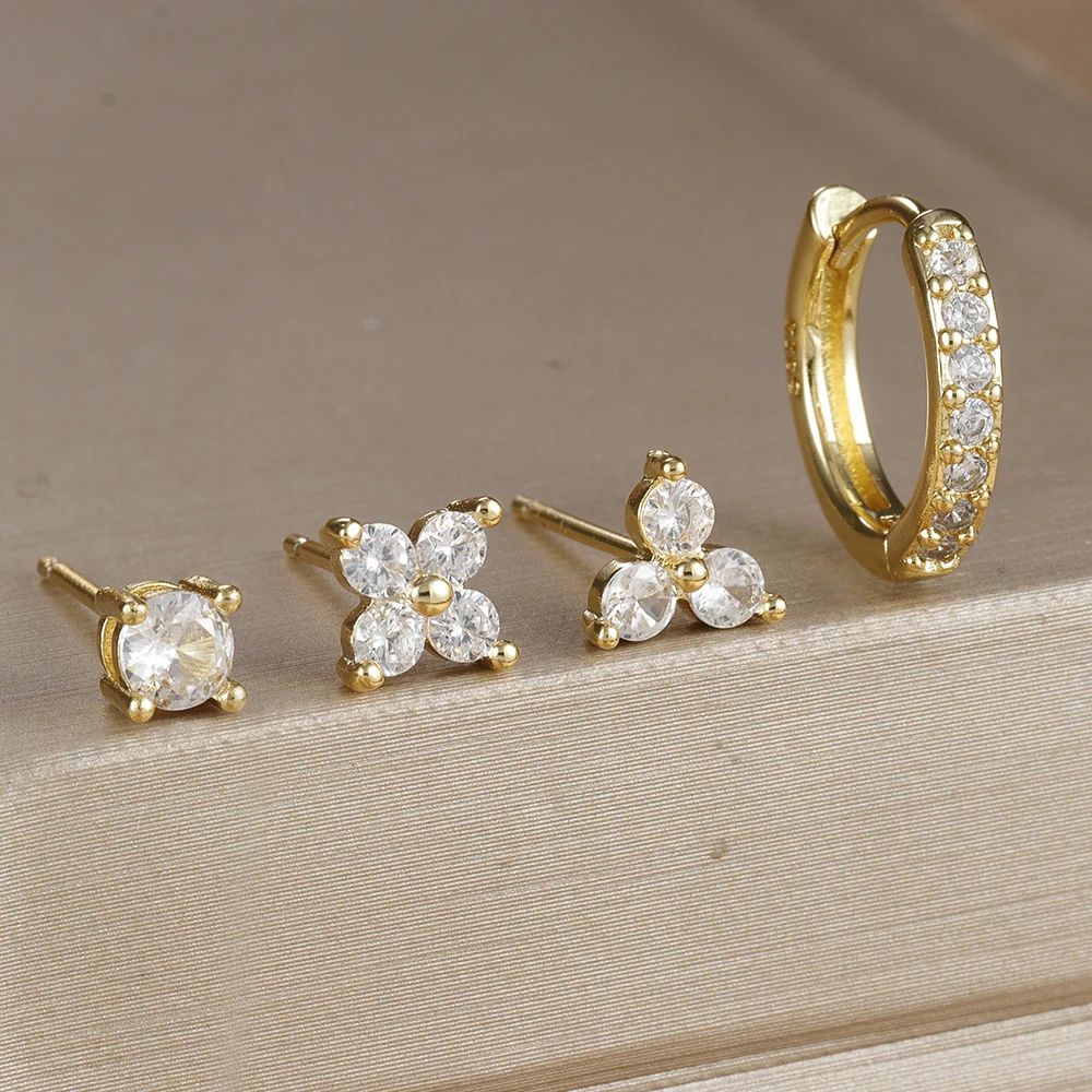 4pc 18K Gold Plated Flower Round Piercing Earrings Set