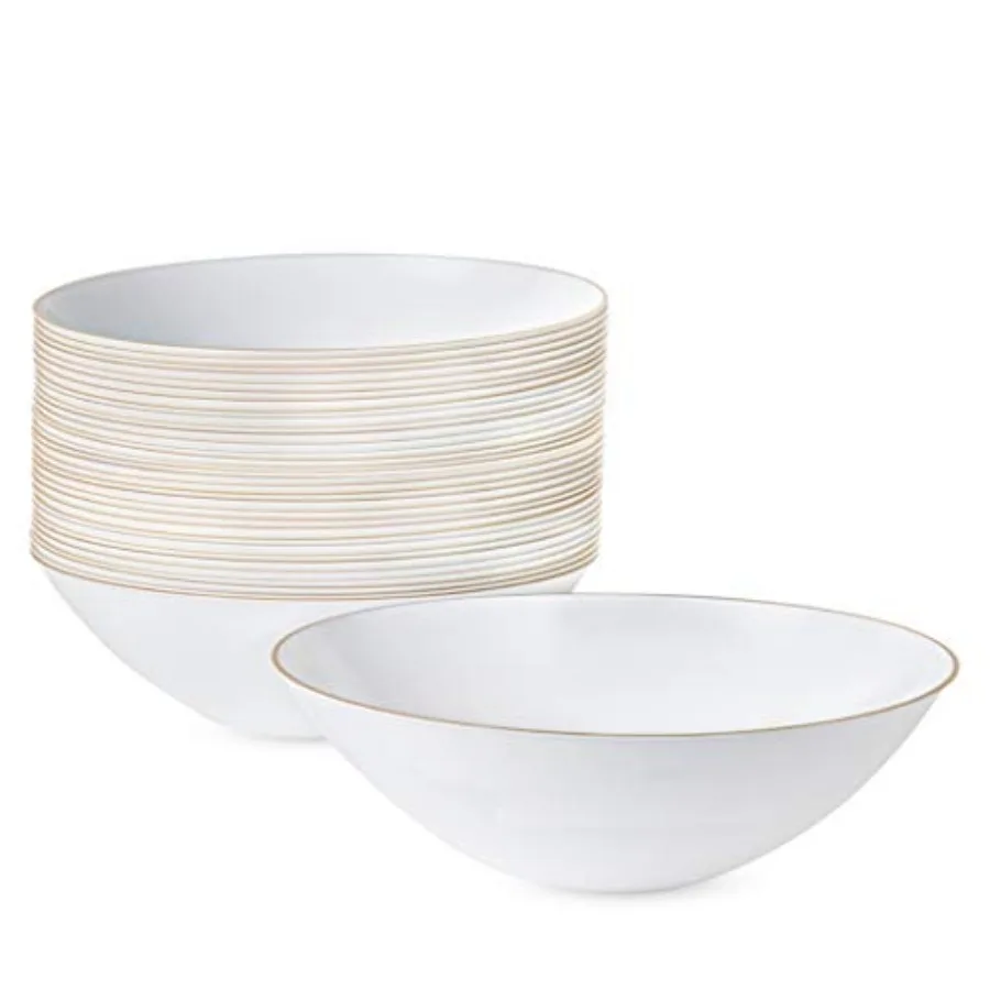Count] White Plastic Floral Design Party Soup With Gold Rim Premium heavyweight Elegant Disposable Tableware Dishes