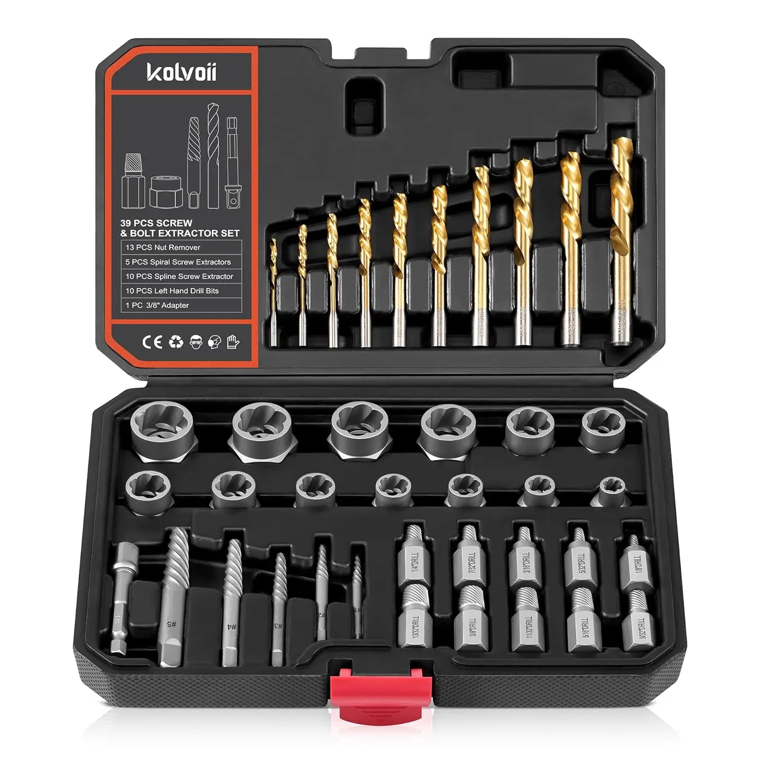 

Screw Extractor Set, 39-Piece Bolt Remover Kit, Left-Hand Drill Bits, Multi-Spline, for Broken/Stripped Bolts, HSS Cobalt Steel