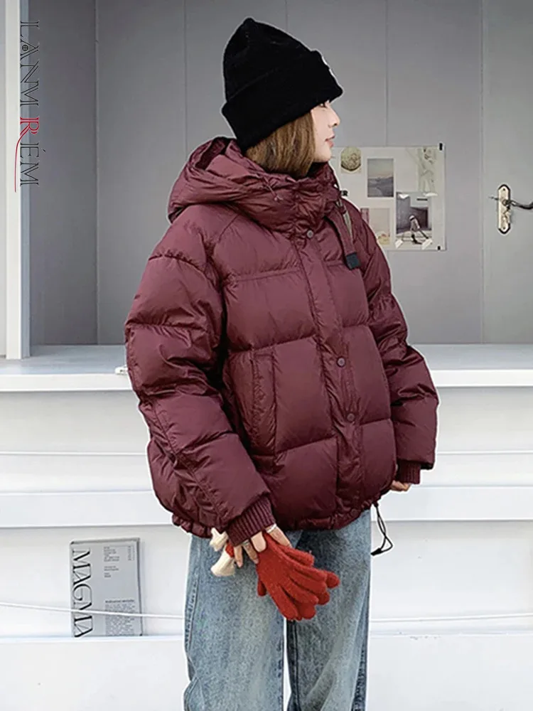 LANMREM Korean Style Red Hooded Cotton Coat Women\'s Pockets Loose Short Jackets Fashion Winter Female New Clothing 2VV1841