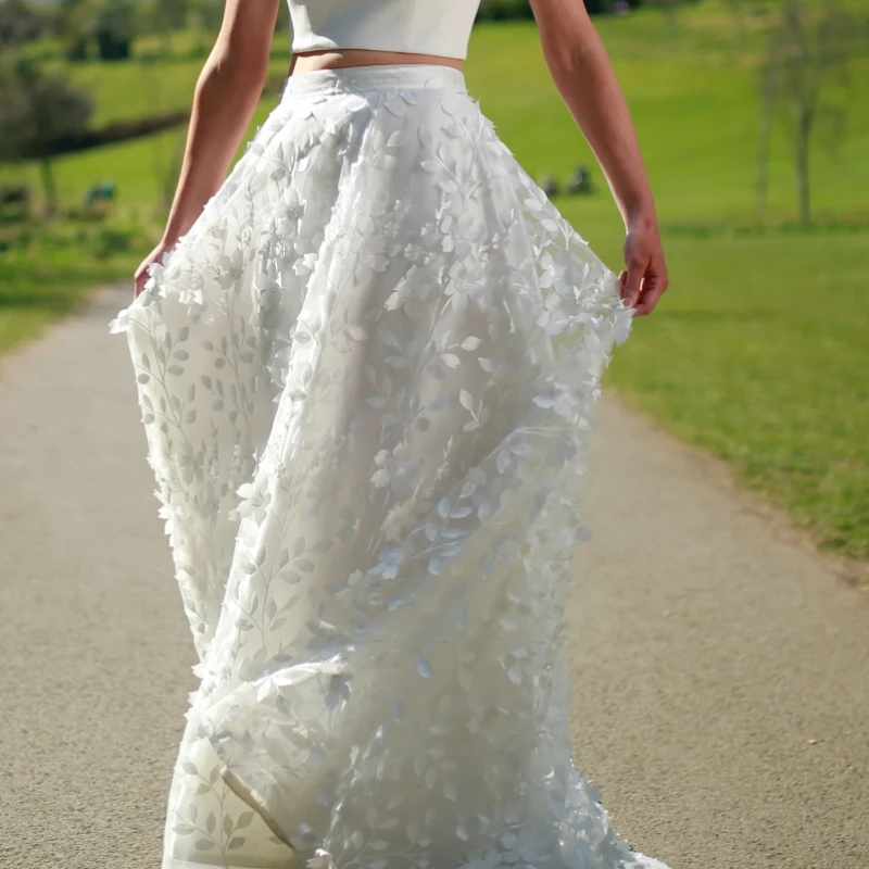 Falda de tul con flores en 3D para boda, falda con diseño Floral de marfil