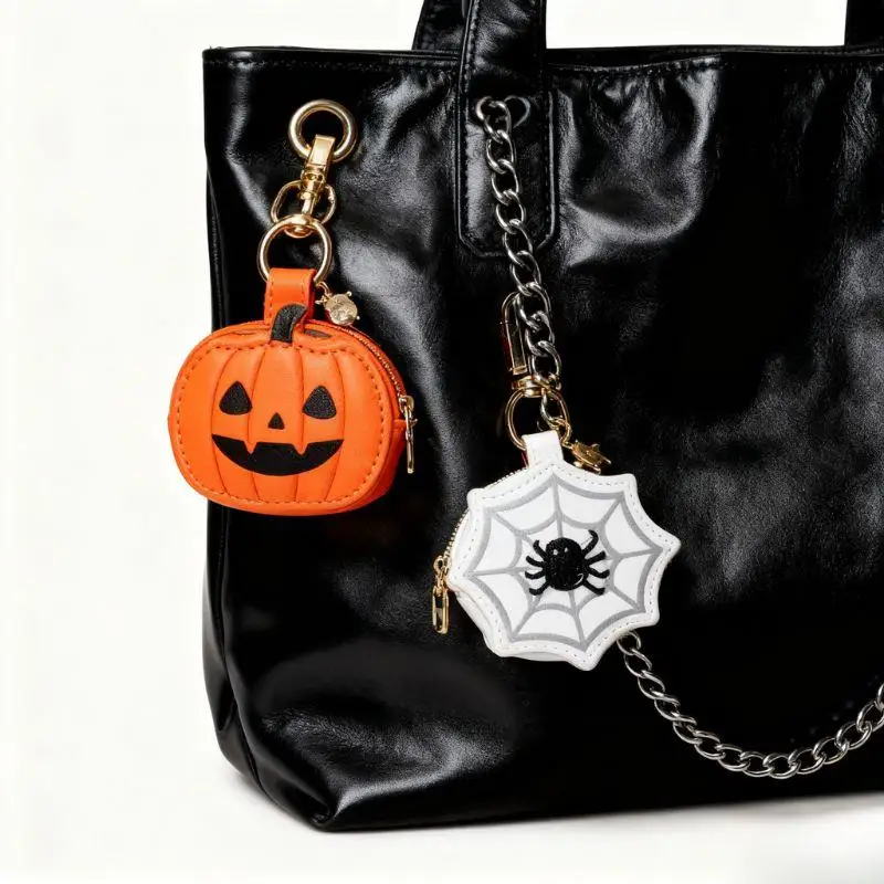 

Halloween Pumpkin/Spider Web Bag Charm PU Leather Coin Purse Mini Pouch Pendant Wallet With Zipper Multi-purpose Bag Purse