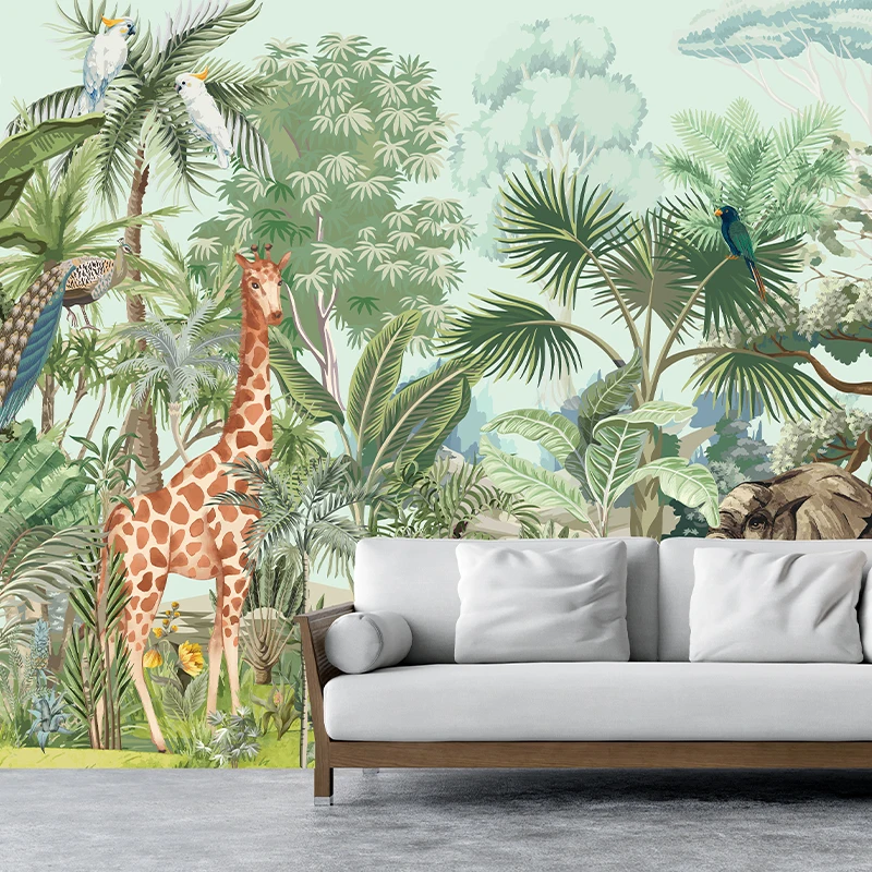 Green Tropical Palm Leaves Large Mural Fresh Giraffes Forest Decorative Home Mural Elegant Peel And Stick Wallpaper