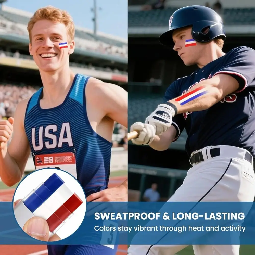 สีเพ้นท์หน้าและตัวแบบแท่ง สีแดง ขาว และน้ำเงิน กันเหงื่อ เนื้อสีนุ่มละลายง่าย สีดำสำหรับทาตา ติดทนนาน ปากกาเพ้นท์ตัว