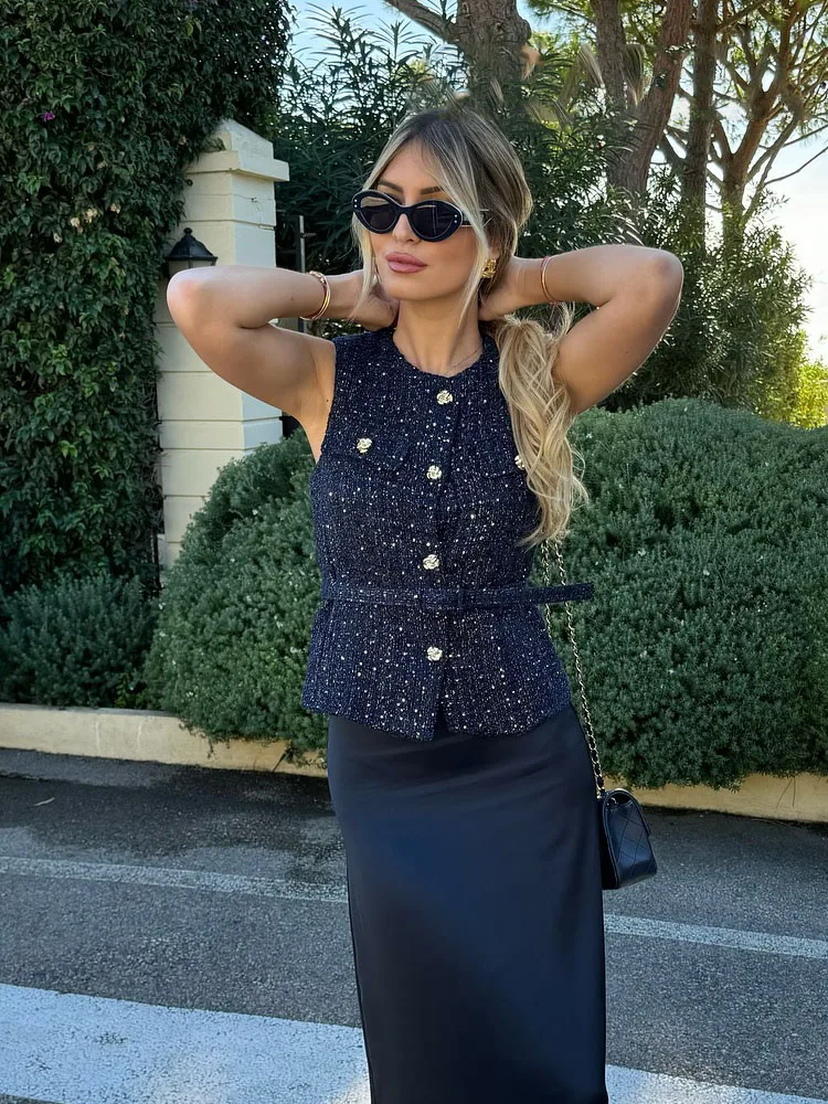 HH Women Fashion O-Neck Sleeveless Texture Vest Top Female Chic Button Pockets Decoration Casual Slim Waistcoat Top Mujer