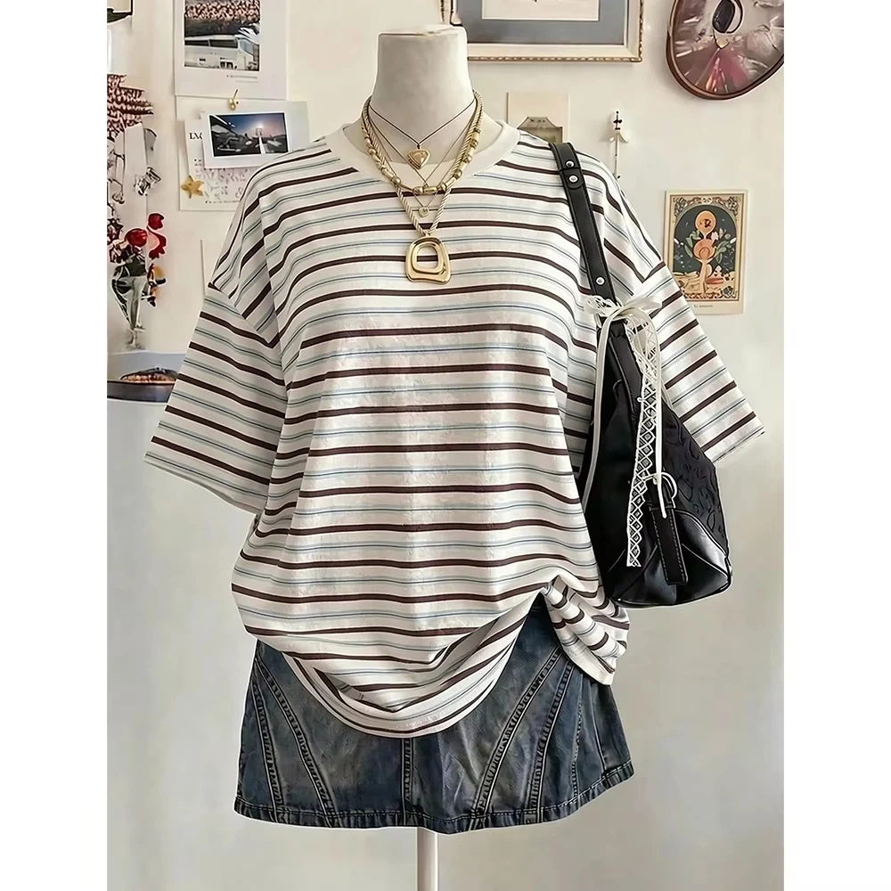 2026 Y2K Gestreiftes Digital-Print Lässiges Oversize-T-Shirt mit Rundhalsausschnitt für Damen und Kinder, Street-Fashion Casual Sport-Oberteil – Detail 8