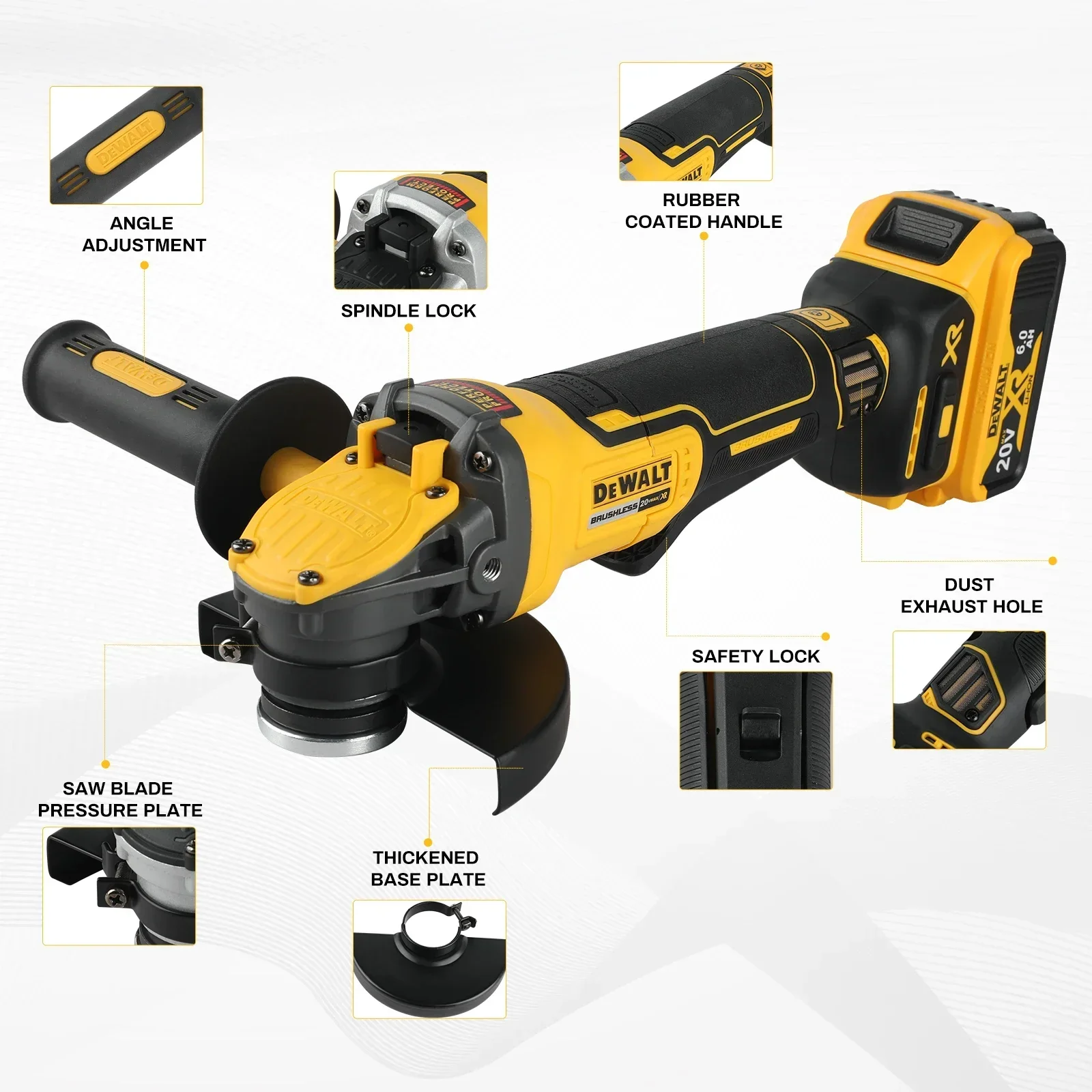 Smerigliatrice angolare a batteria DEWALT DCG416 da 20 V: mola da 125 mm, velocità 9000 giri/min, potenza 800 W, versatile per attività di taglio/lucidatura