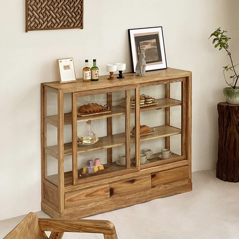 Medieval glass side cabinet, locker, wabi wind storage side cabinet, solid wood sliding door, home floor-to-wall living room