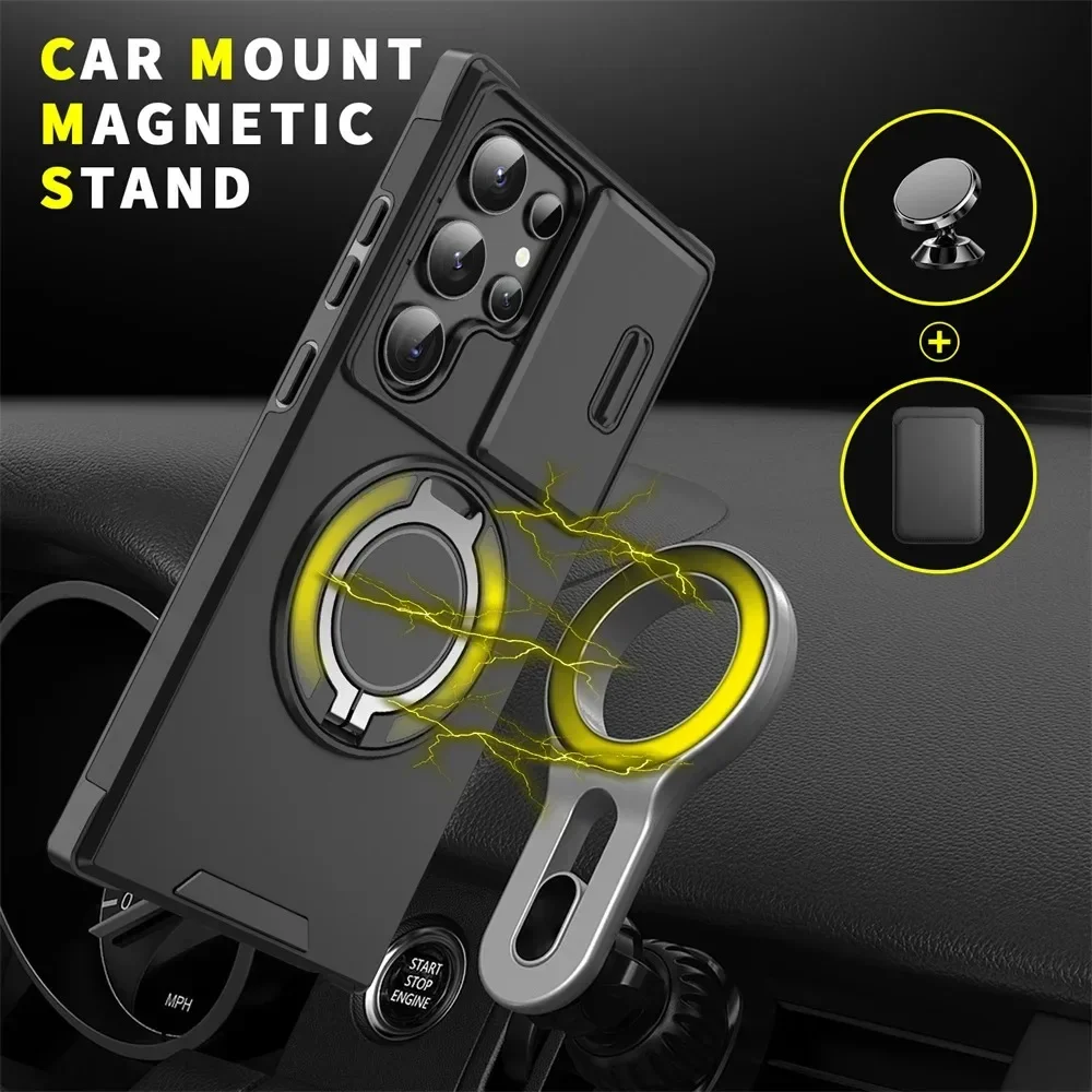 Slide Lens Protection Magsafe Stand Case for Samsung S25 S24 S23 Plus S21 S22 Ultra S20 FE A54 A15 Rotating Hidden Holder Cover