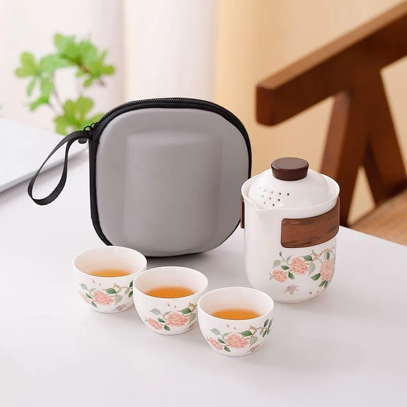 Portable Travel Tea Set Outdoor Minimalist Hydrangea Design Light Luxury Gift for Women Customizable Business Gift