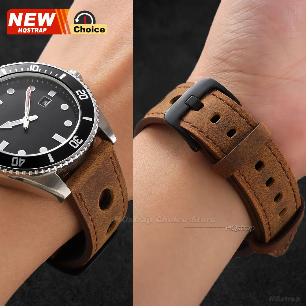 Neues Mattes Vintage-Uhrenarmband 18mm 20mm 22mm 24mm Rindsleder Schwarze Schnalle Lederarmband Smart-Armband für Seiko Armband für Omega – Detail 4
