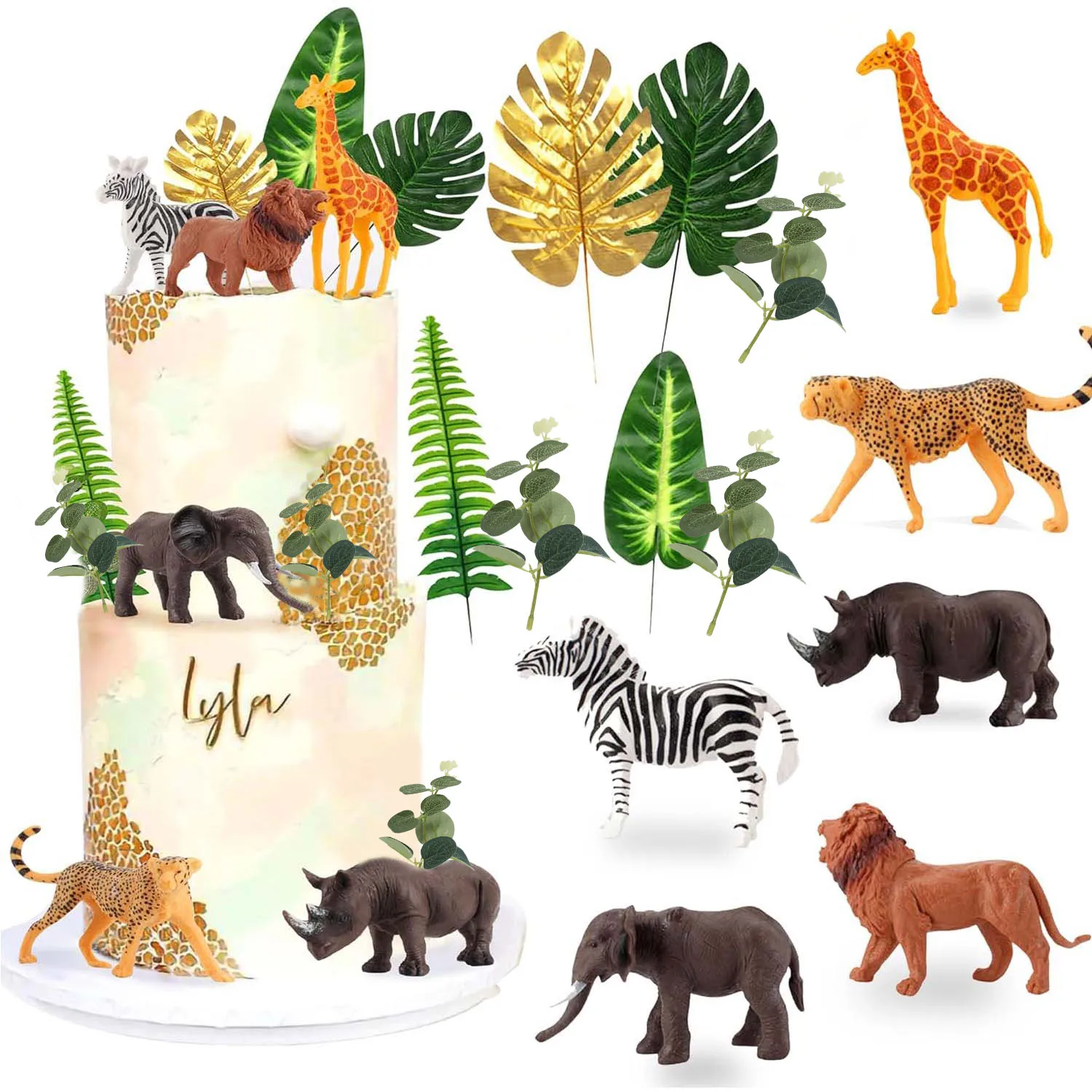 Dschungel Tier Kuchen Dekoration Topper mit Zebra Löwe Giraffe Nashorn Gepard Kuchen Topper für Wild Zoo Geburtstag Party Supplies