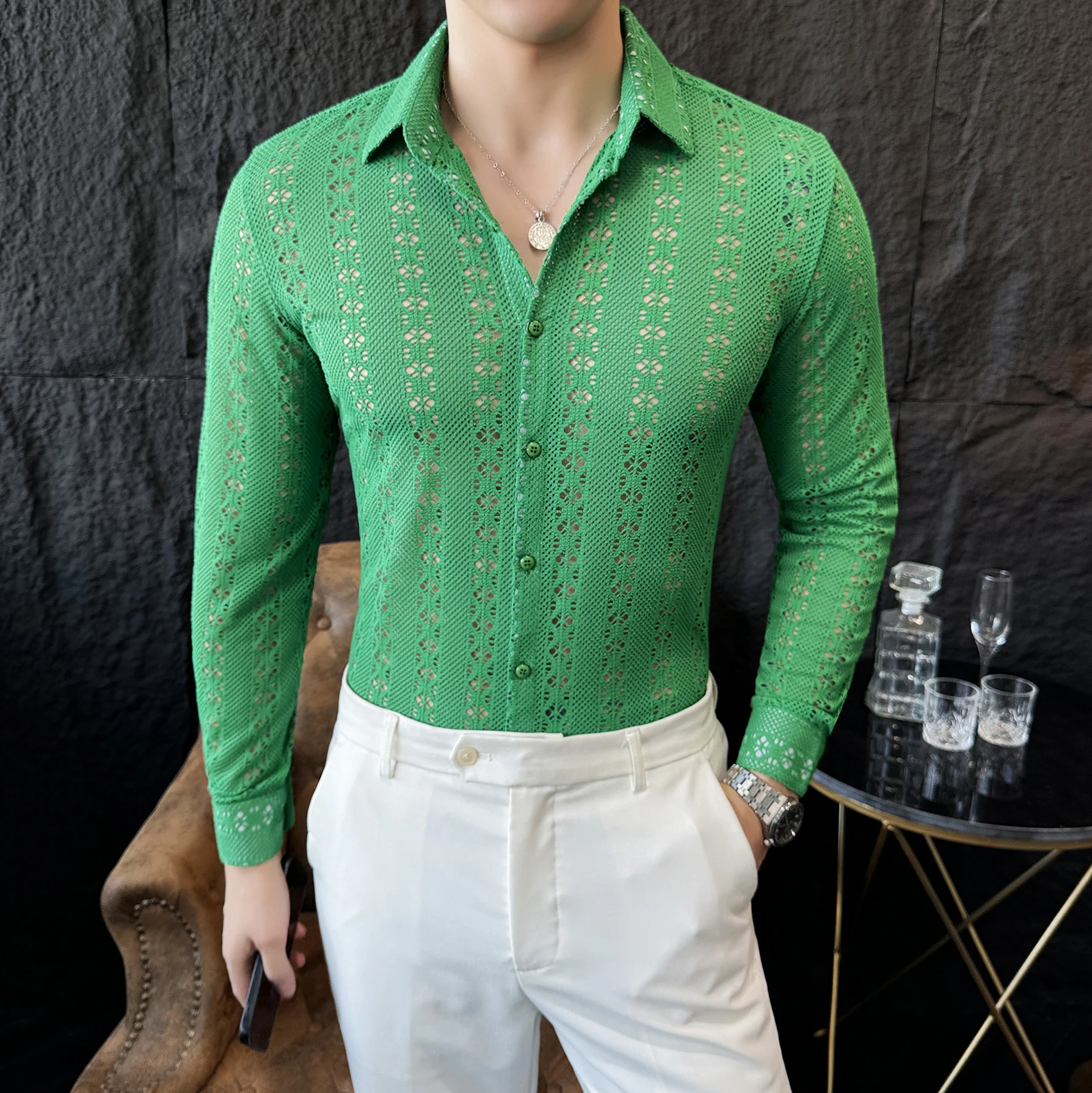 

Shirts Social Mens Slim Fit Lace Hollow Out Long Sleeve Shirts Chemise Homme Mens Tuxedo Shirts Roupas Masculinas Camisas Green