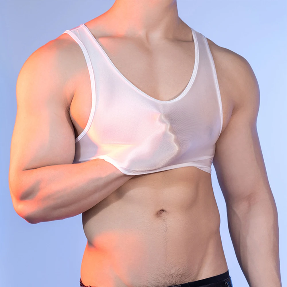 

Мужские сексуальные укороченные топы без рукавов, спортивный бюстгальтер, блестящий шелковистый топ с U-образным вырезом, майка, прозрачная стрейч-йога, фитнес, глянцевая мышца