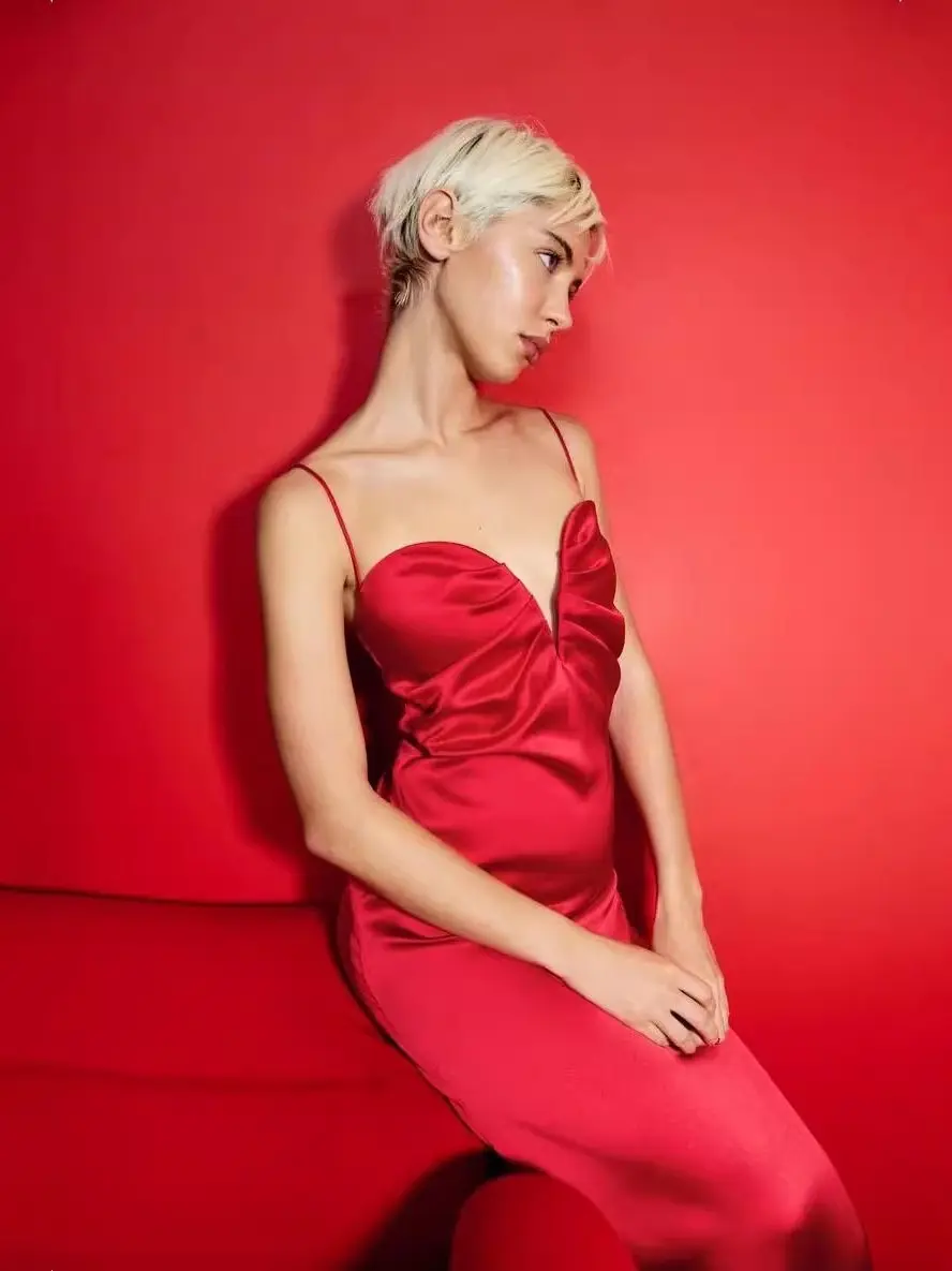 Ele High Waist Silk Satin Heart Collar Midi Dr Spring New Arrival Women's Faion Gown Long Skirt without Sve